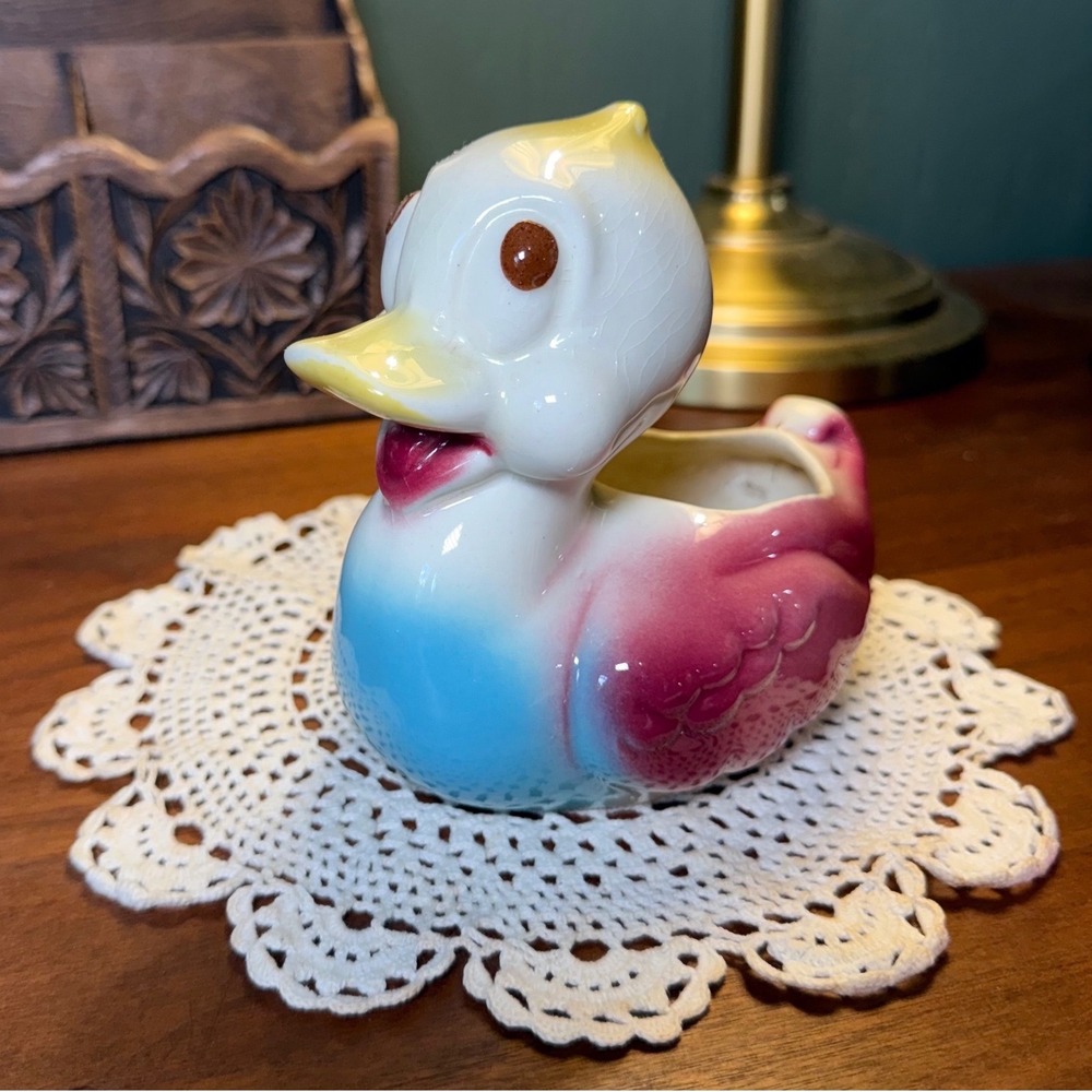 Vintage Shawnee Pottery Duck Planter MCM Anthropomorphic Pink Blue Kitsch 1950s